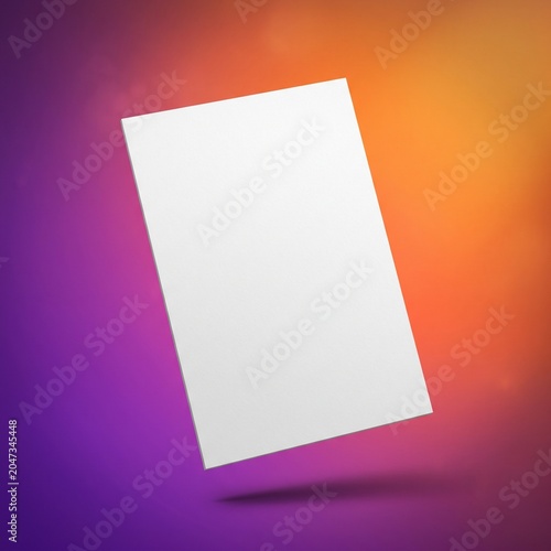 A single blank white sheet of paper floating against a vibrant gradient background of purple and orange hues.