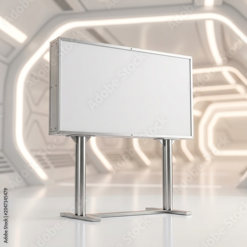 Blank white display board on a sleek metallic stand in a futuristic, brightly lit, minimalist interior setting.