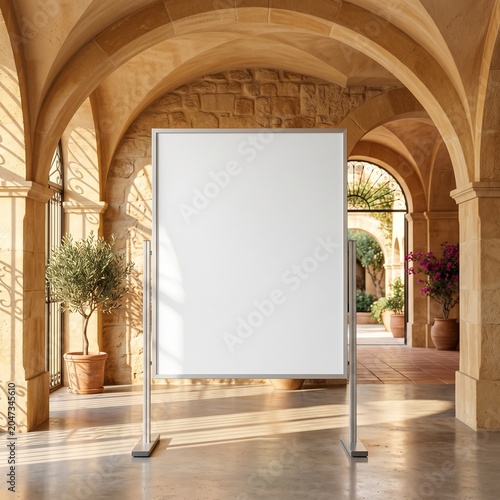 A blank white sign stands prominently in a sunlit architectural hallway with stone arches, potted plants, and an outdoor courtyard visible in the background.
