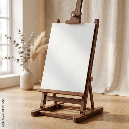 A wooden tabletop easel holding a blank white canvas, positioned on a light wooden floor near a window with natural light and decorative dried plants in a vase.