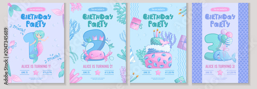 A set of children's birthday invitations with cute sea creatures. Whale, crab, little mermaid. 1, 2, 3 years old. Vector illustration.