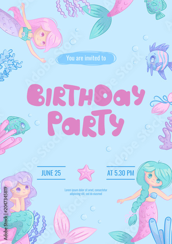 Design a children's birthday invitation with a cute mermaid. 1st anniversary party, birthday, celebration, congratulations, invitation concept. Vector illustration.