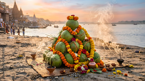 Ganga dussehra ritual offerings on the riverbank at sunset