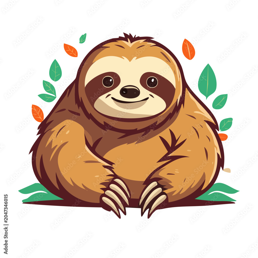 Fototapeta premium Cute cartoon sloth with leaves
