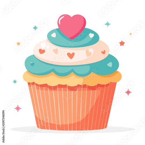Cute cupcake with pink heart and blue frosting