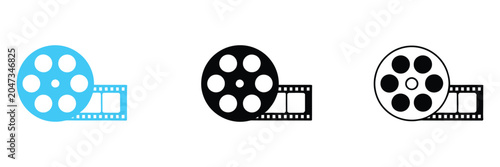 Film Roll Vector Thin Line Icon Set with cinema movie reel outline symbols, UI interface elements, editable stroke contour illustration, isolated minimal vector icons for web and app design projects