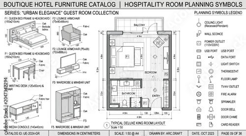 Foto Boutique hotel furniture catalog and typical deluxe king room layout with planni