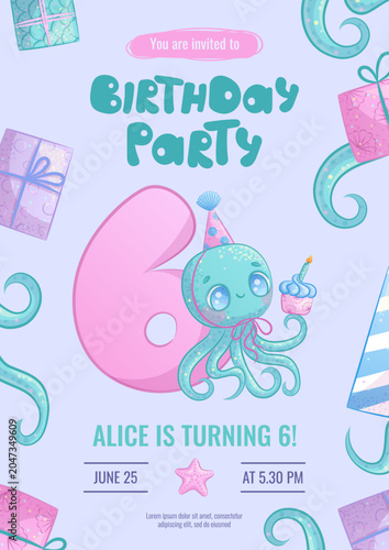 Design a children's birthday invitation with a cartoon smiling octopus in a party hat. 6th anniversary party, birthday, celebration, congratulations, invitation concept. Vector illustration.