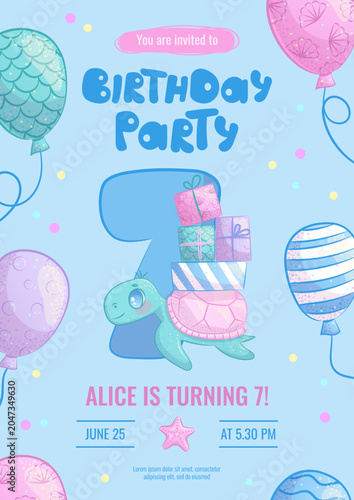 Design a children's birthday invitation with a cartoon smiling turtle carrying gifts on its shell. 7th anniversary party, birthday, celebration, congratulations, invitation concept.Vector illustration