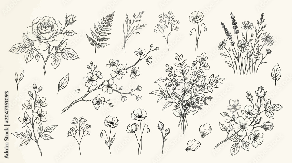Fototapeta premium Collection of various wildflower botanical illustrations.