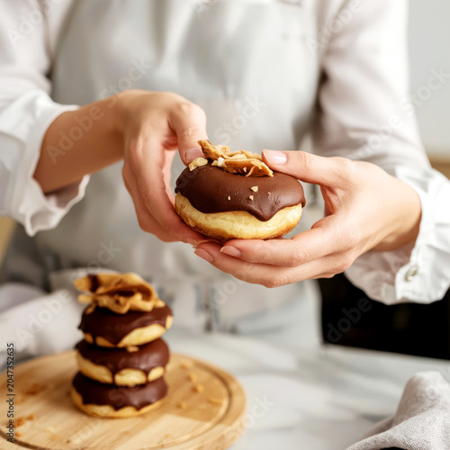 Cook in the foreground with homemade chocolate donuts