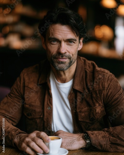 A man in a brown suede jacket is sitting in a cafe.