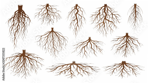 Fotografie Collection of exposed plant roots detailed vector illustration with a light colo