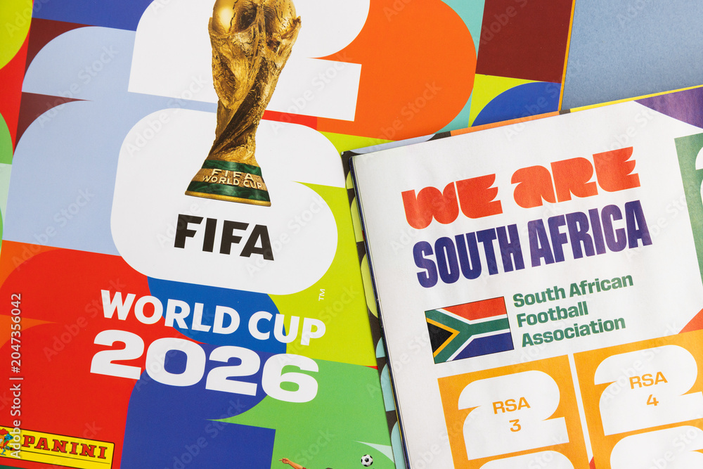 Fototapeta premium LONDON, UK - JUNE 2026: south africa team page with flag in the 2026 world cup sticker book