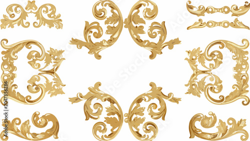 Foto Golden rocaille ornaments and scrollwork a vector illustration on a white backgr