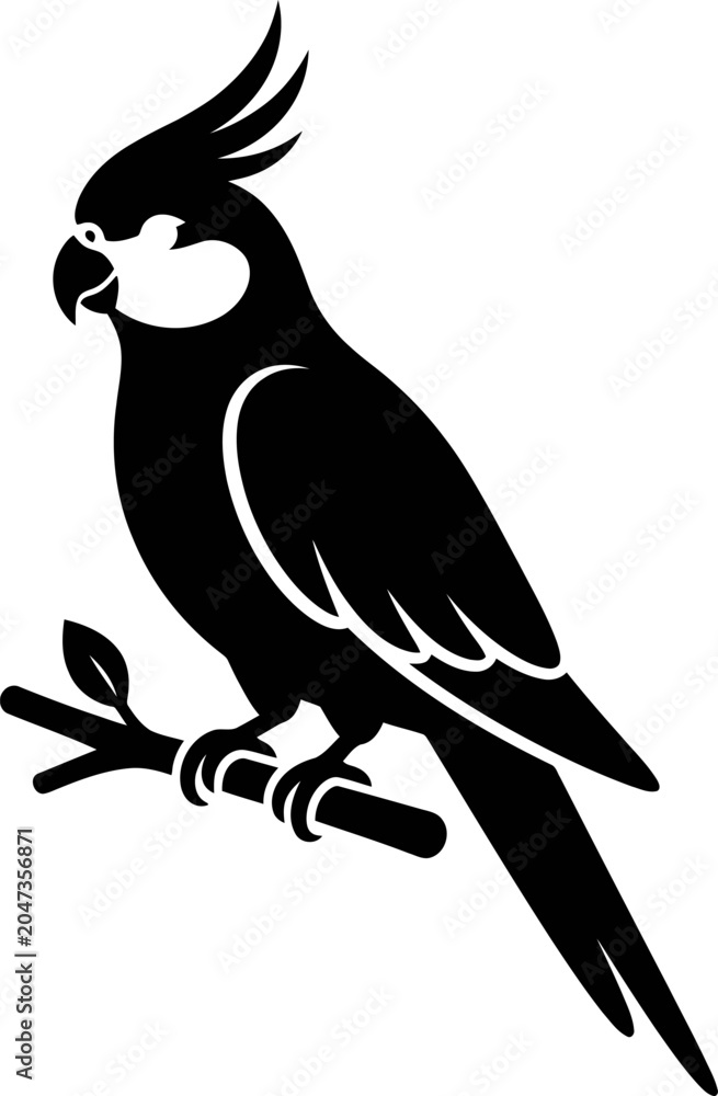 Fototapeta premium Black silhouette of a cockatiel perched on a branch bird profile