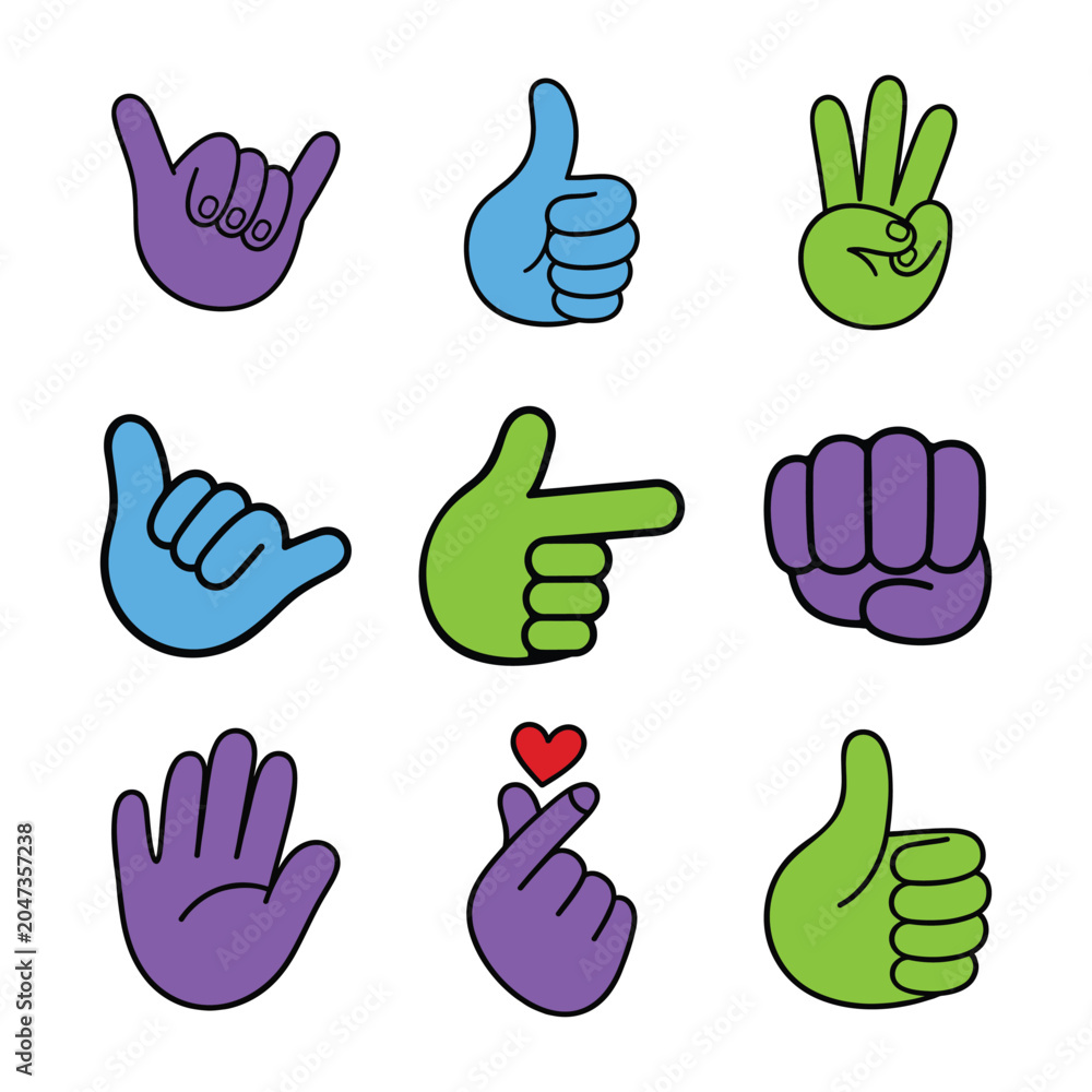Fototapeta premium Various colorful cartoon hand gestures icons for social media and creative design.