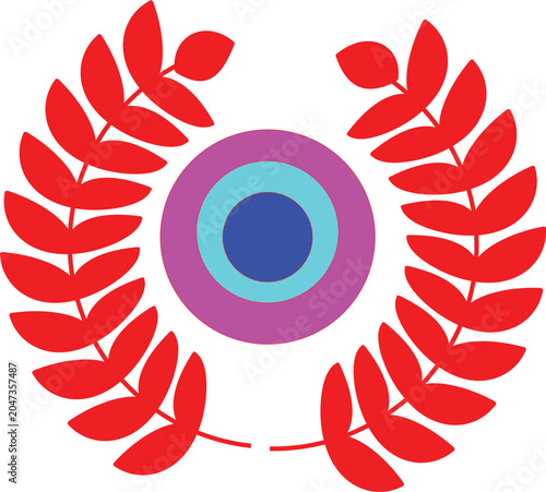 Red laurel wreath with concentric circles in purple, blue, and light blue colors