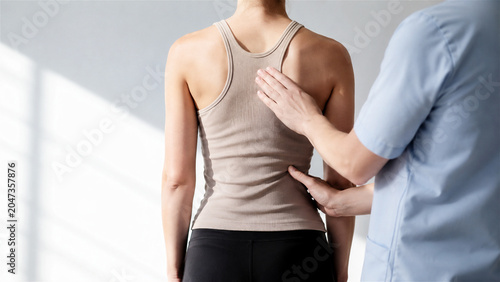 physiotherapist examining back of woman in clinic. Manual therapist checking spine and muscle alignment. Healthcare professional providing rehabilitation, posture assessment and pain treatment