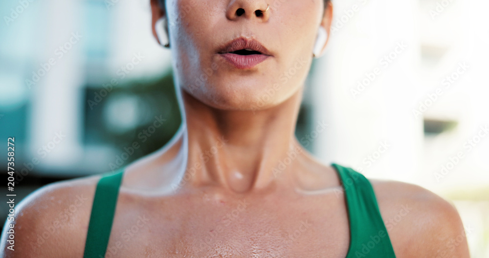 Naklejka premium Fitness, breathing and mouth of woman in city for fatigue, exercise and burnout for cardio training. Exhale, tired and female person in town with exhaustion, sweating and recovery for challenge.