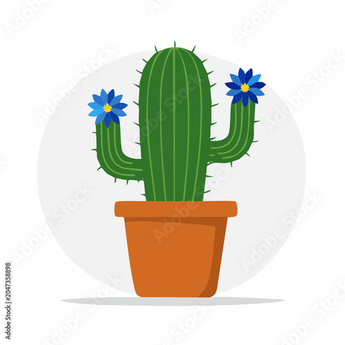 Potted Cactus with Blue Flowers