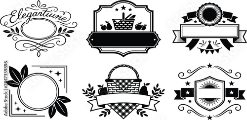 Vintage picnic logos and elegant retro frame badges set with ribbons baskets stars and swirls