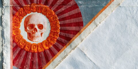 Vintage skull on textured paper with geometric sunray pattern for cultural event posters, holiday card designs and artistic heritage backgrounds