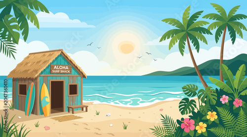 Beach hut with surfboards on sand.