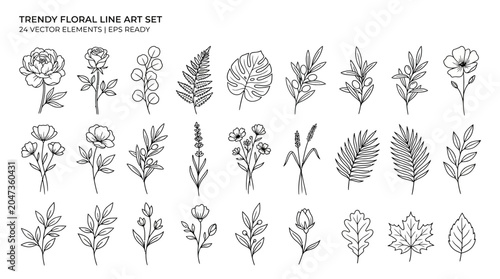 Trendy Floral Line Art Botanical Illustrations.