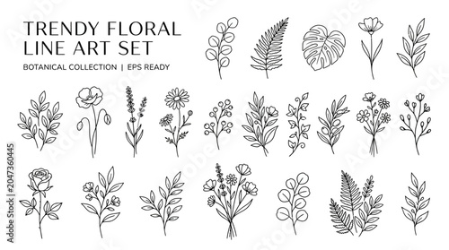 Trendy Floral Line Art Illustrations.