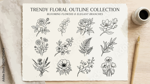 Trendy Floral Outline Collection Designs.