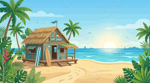 Beach house with surfboards on sand.