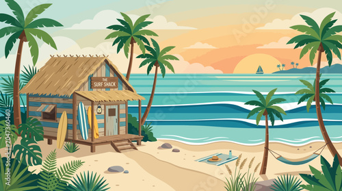 Beach house with palm trees standing.