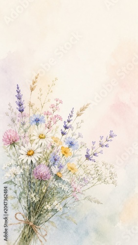 Beautiful watercolor bouquet of wildflowers with soft pastel background and delicate charm