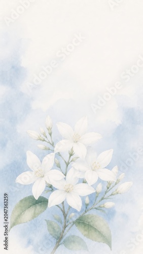 Delicate White Flowers on Soft Blue Background in Watercolor Style Art