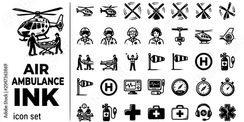 Bild auf Leinwand Air Ambulance Helicopter Ink Black White-Rotor Zone Crew Patient Load-Aeromedica