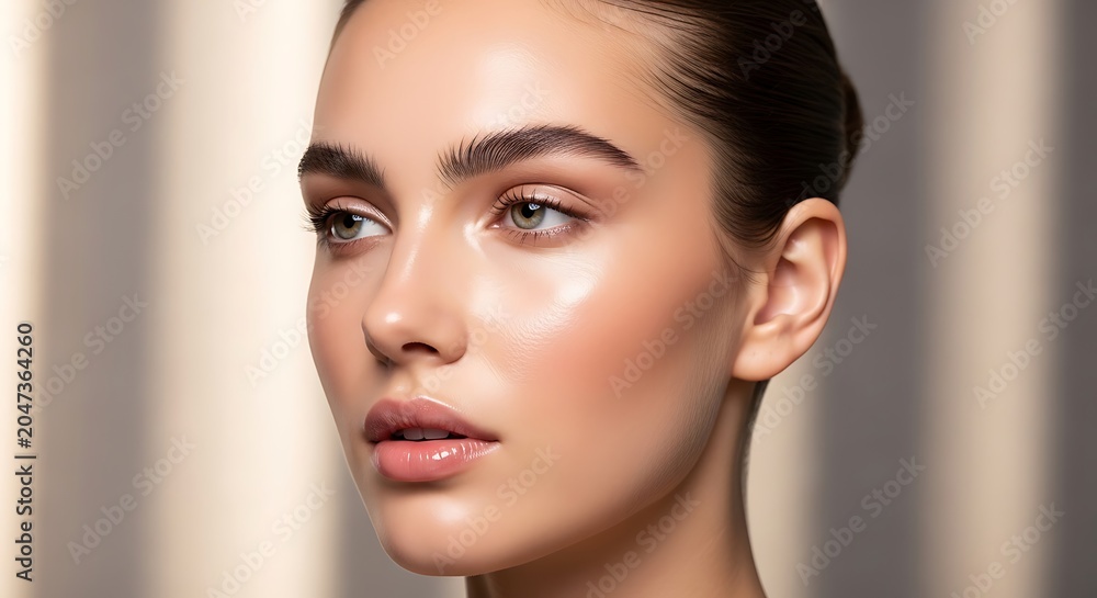 Fototapeta premium Close-up of a beautiful woman's face with glowing skin, showcasing a natural, healthy complexion and flawless makeup
