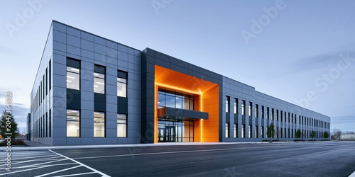 Contemporary business structure bathed in warm evening light