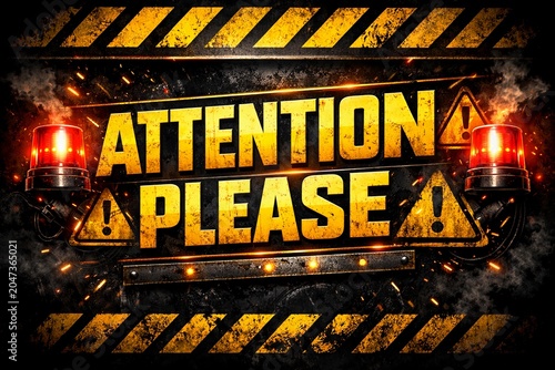Bold attention please warning sign with flashing lights and sparks