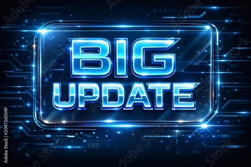 Bold blue text announces a significant technology update on a digital background