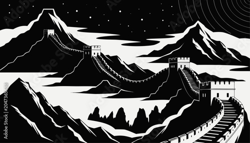 Quadro em tela Very beautiful black-and-white vector illustration featuring the Great Wall of C