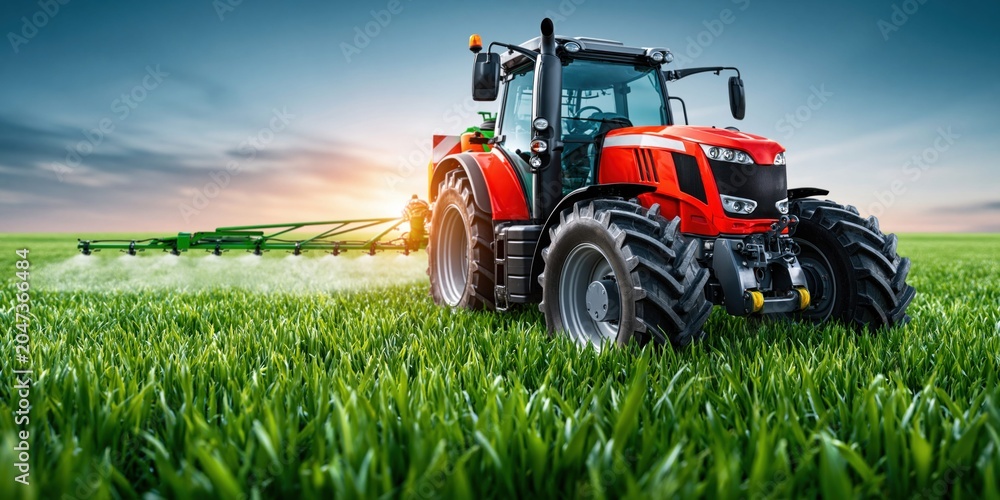 Obraz premium Agricultural machinery cultivating vibrant crops under golden light