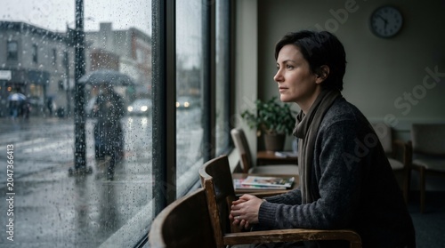 Woman sitting by window on rainy day.