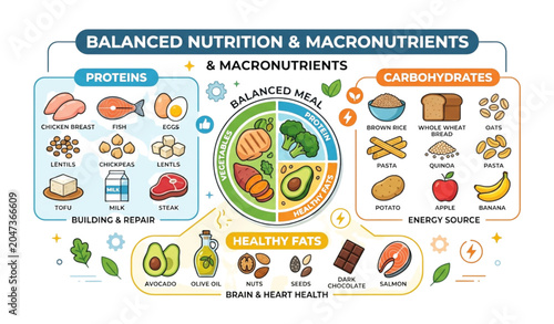 Fényképezés Balanced nutrition food groups with proteins carbs and healthy fats vector set