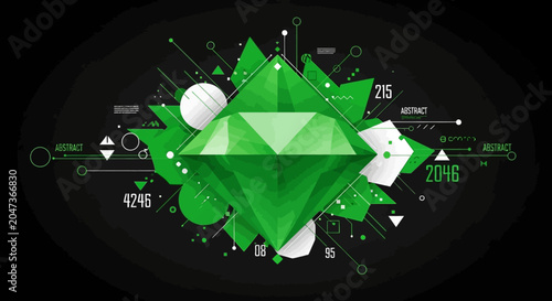 Abstract green diamond gemstone with futuristic geometric infographic elements on black background