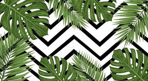 Tropical monstera and palm leaves on black and white zigzag geometric background