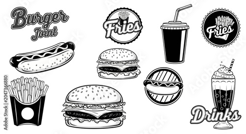 Vintage fast food vector illustration set with burger hotdog fries soda and milkshake in retro black and white line art style