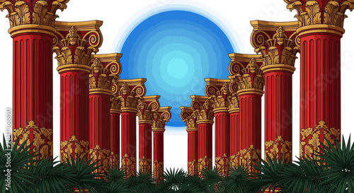 Classical Red and Gold Corinthian Columns with Green Palm Leaves and Blue Glowing Orb Illustration