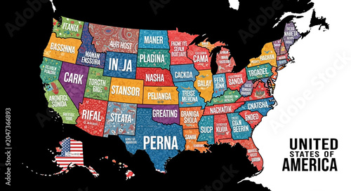 Colorful Artistic Map of the United States of America with Decorative Patterns and Text on Black Background