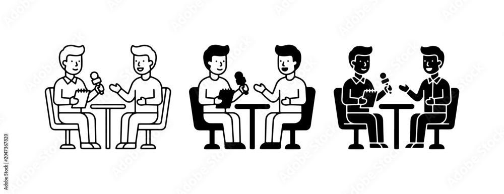Fototapeta premium Podcast Interview Icons, Conversation Set, Two Men Talking with Microphone